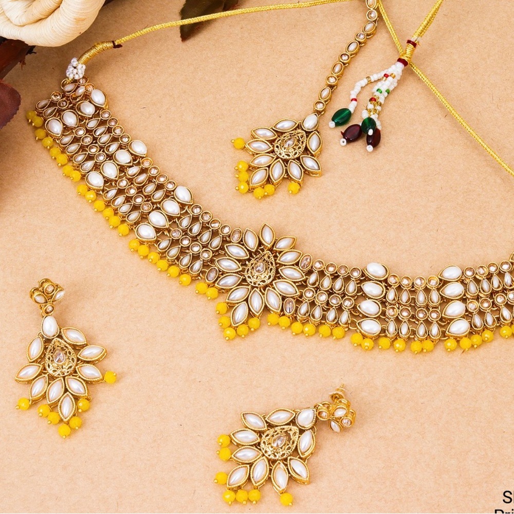 Yellow color Polki set three piece